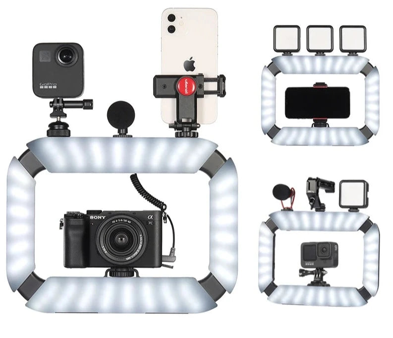 Portable photoshoot ring light with camera, smartphone, and GoPro setup