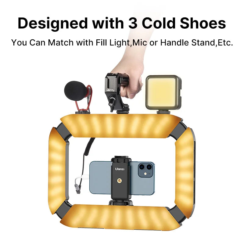 Portable ring light with three cold shoes for fill light, mic, or handle stand