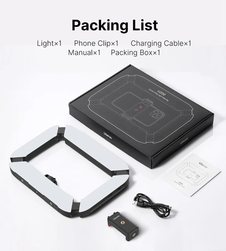 Portable LED ring light package contents including light, phone clip, charging cable, manual, and packing box from Aprasi