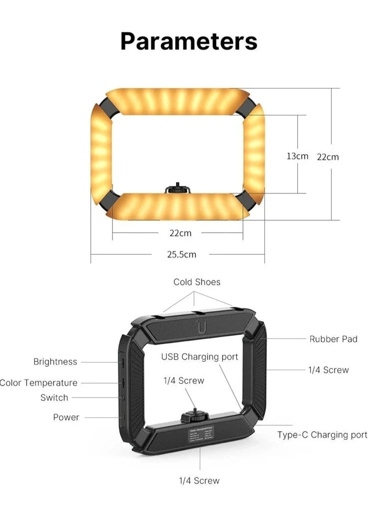 Detailed dimensions and features of the portable photoshoot ring light from Aprasi, showcasing cold shoes, USB charging port, 1/4 screw, brightness and color temperature controls, and Type-C charging port